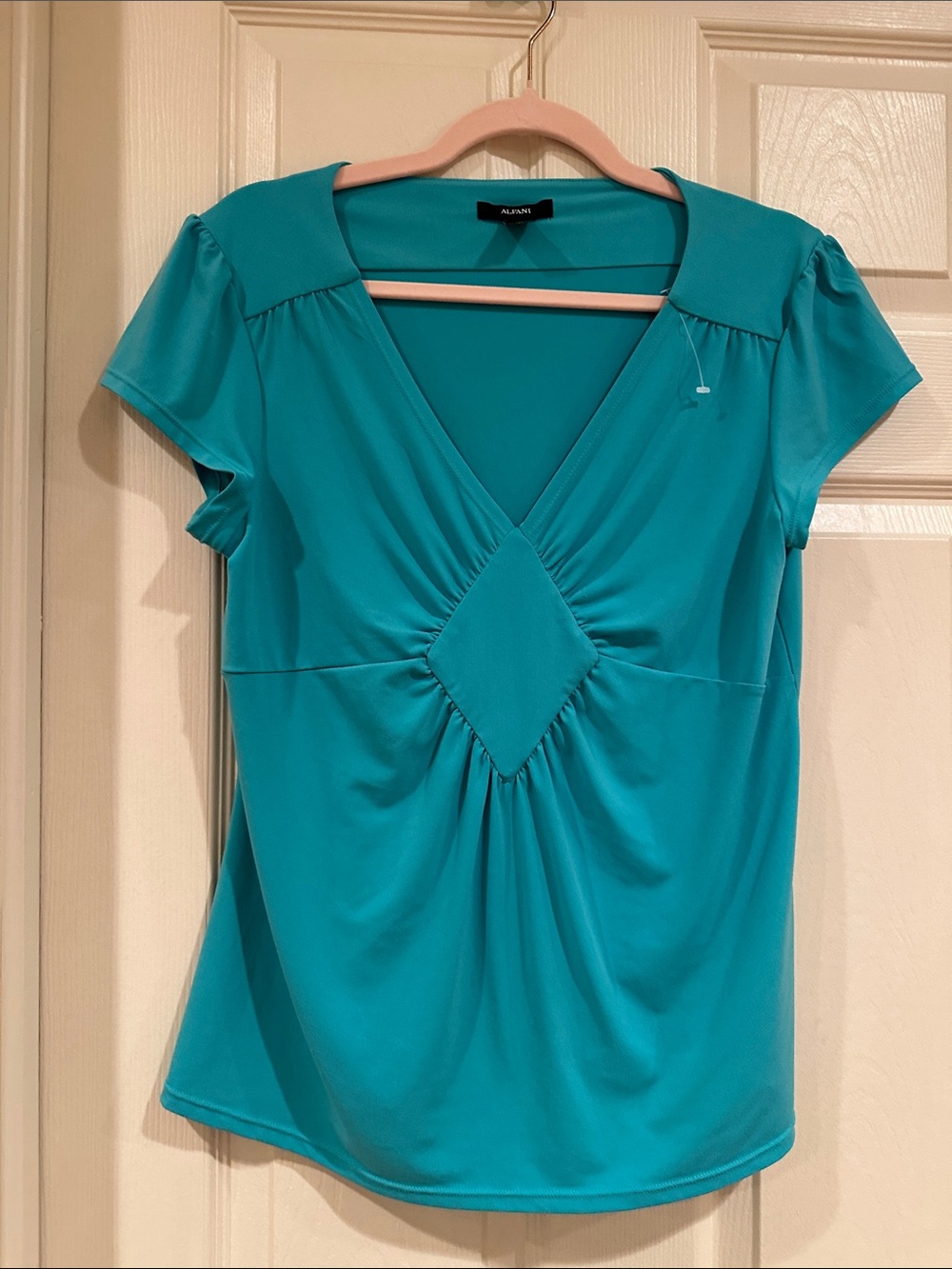 Alfani Teal Short Sleeve V-Neck Top with Front Diamond Detail